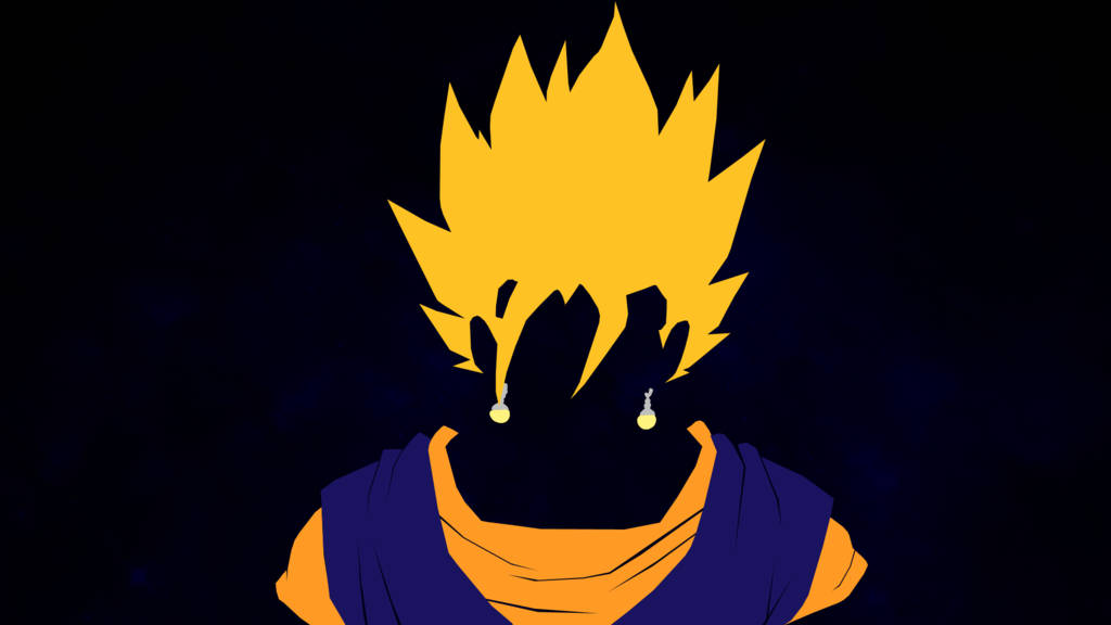 Vegito 桌布 壁紙 — 在黑暗背景下，一個擁有尖刺頭髮和發光耳環的動漫角色的剪影。