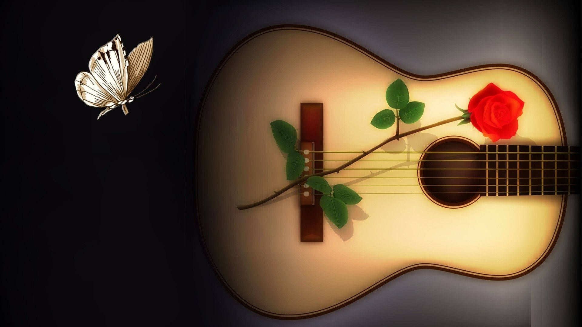Guitar Aesthetic 桌布 壁紙 — 在黑暗背景下，一把溫暖照明的原聲吉他，飾有紅玫瑰和綠葉，附近有一隻銀色蝴蝶飛舞。