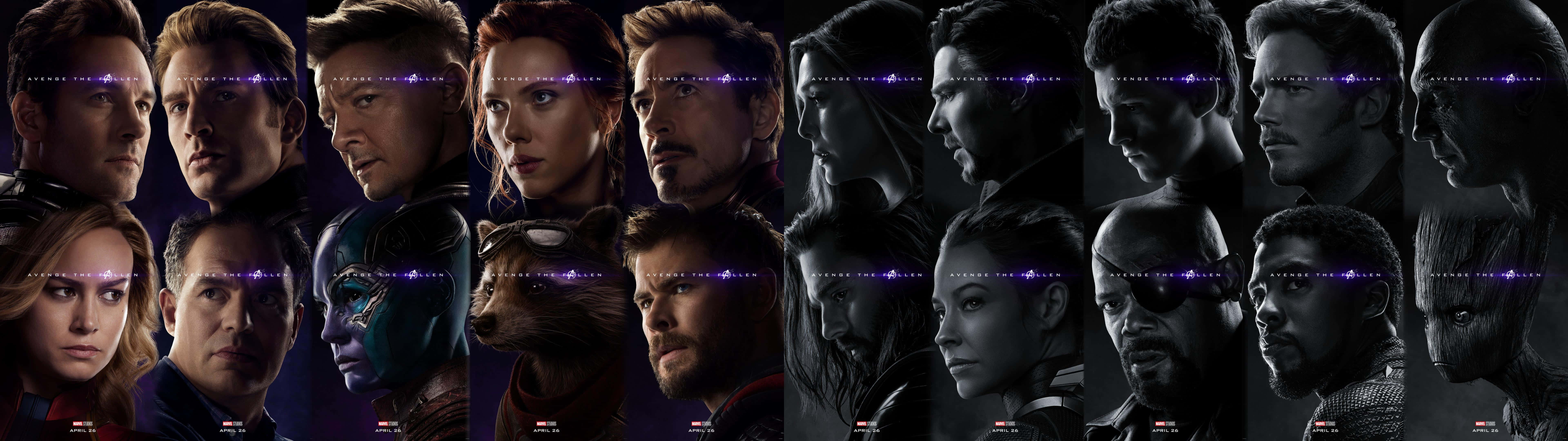Avengers Dual Screen 桌布 壁紙 — 在黑暗背景下，一排戲劇性的超級英雄角色，額頭上帶有發光的紫色能量線條。