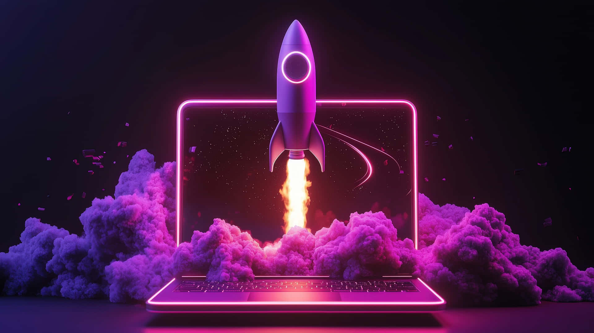 Futuristic rocket launching from a neon laptop 壁紙 — 在黑暗背景下，一枚發光的紫色火箭從霓虹燈照亮的筆記型電腦螢幕發射，衝破鮮豔的粉紅色雲層。