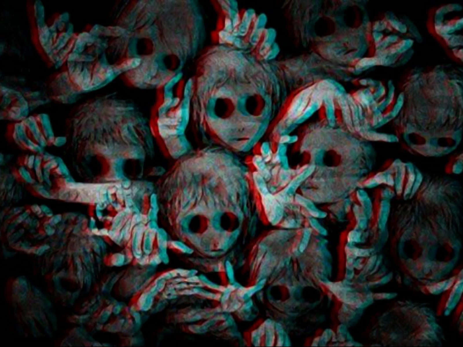 Cool Scary 桌布 壁紙 — 在黑暗背景下，一群密集的扭曲兒童面孔，空洞的眼睛和伸出的手，呈現3D立體紅藍效果。