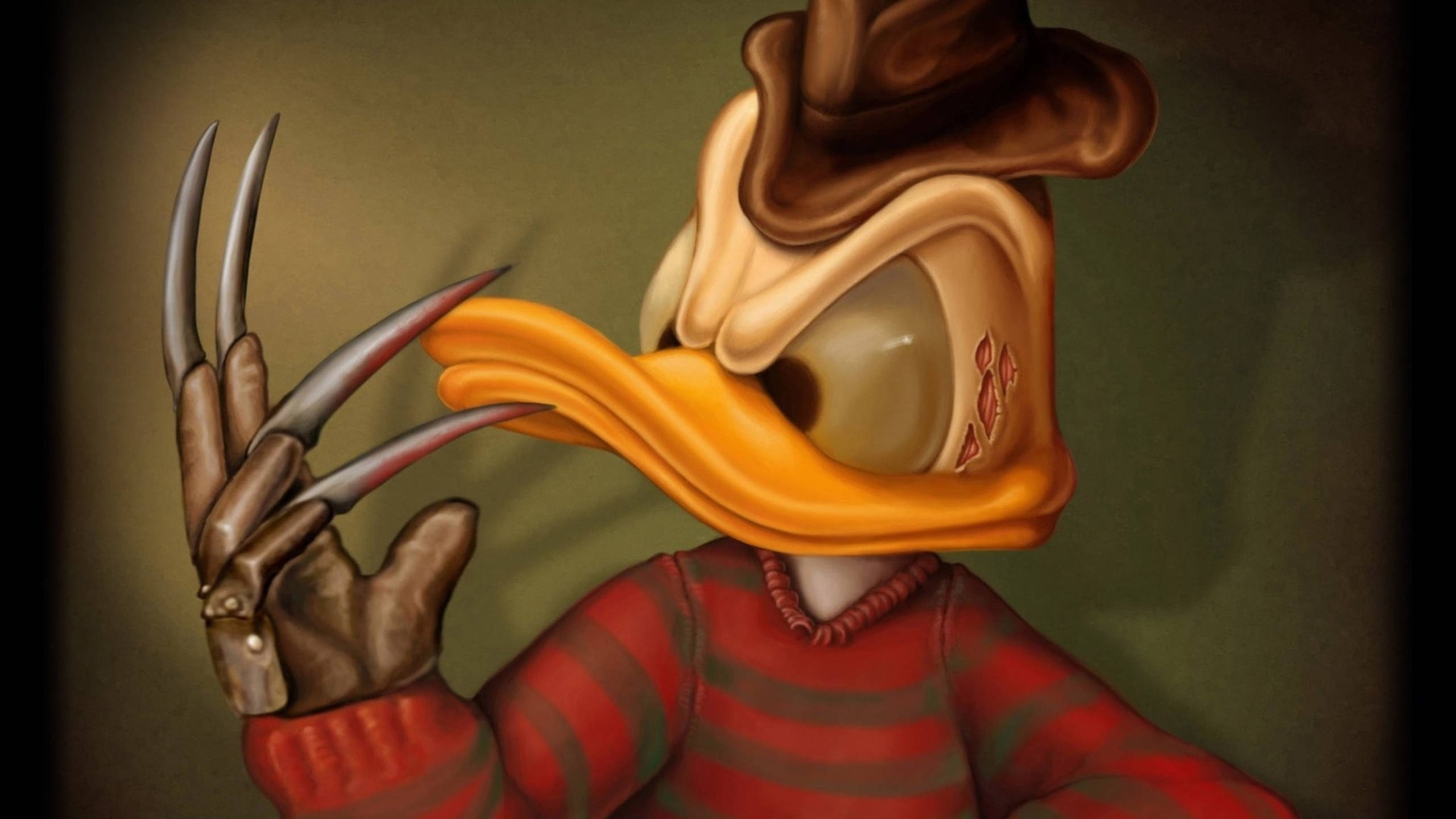 Freddy 桌布 壁紙 — 在黑暗背景下，唐老鴨與佛萊迪·克魯格的威脅性融合，帶有爪手套和條紋毛衣。