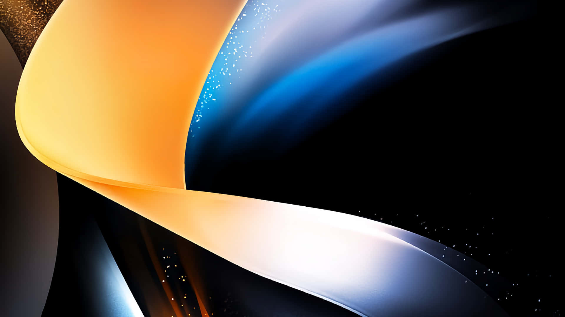 1080p Amoled 桌布 壁紙 — 在黑暗背景下，溫暖金色與冷藍色的動態抽象漩渦，帶有發光粒子。