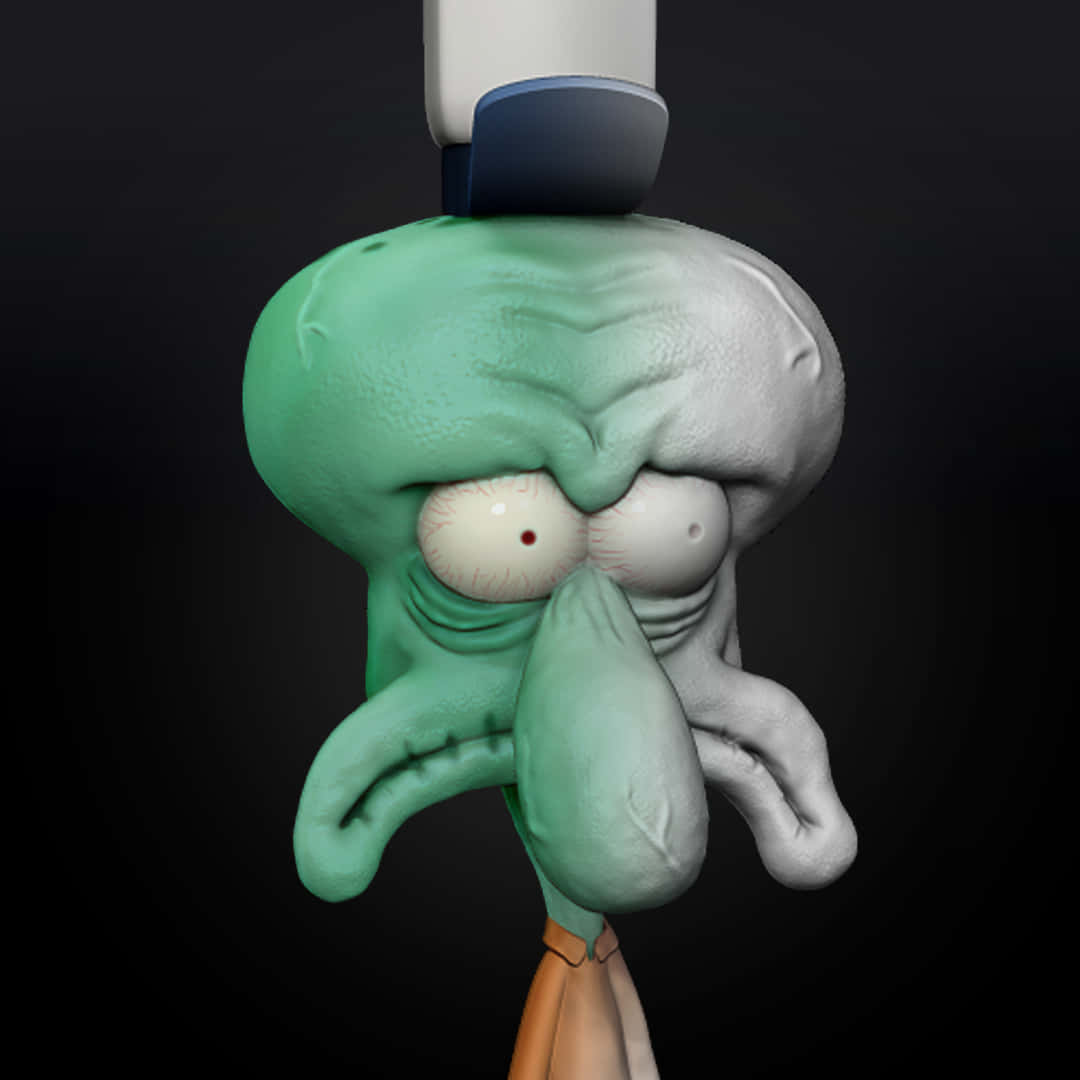 Squidward 桌布 壁紙 — 在黑暗背景下，章魚哥的綠色面孔因沮喪而扭曲，一個吸入器放在他的額頭上。