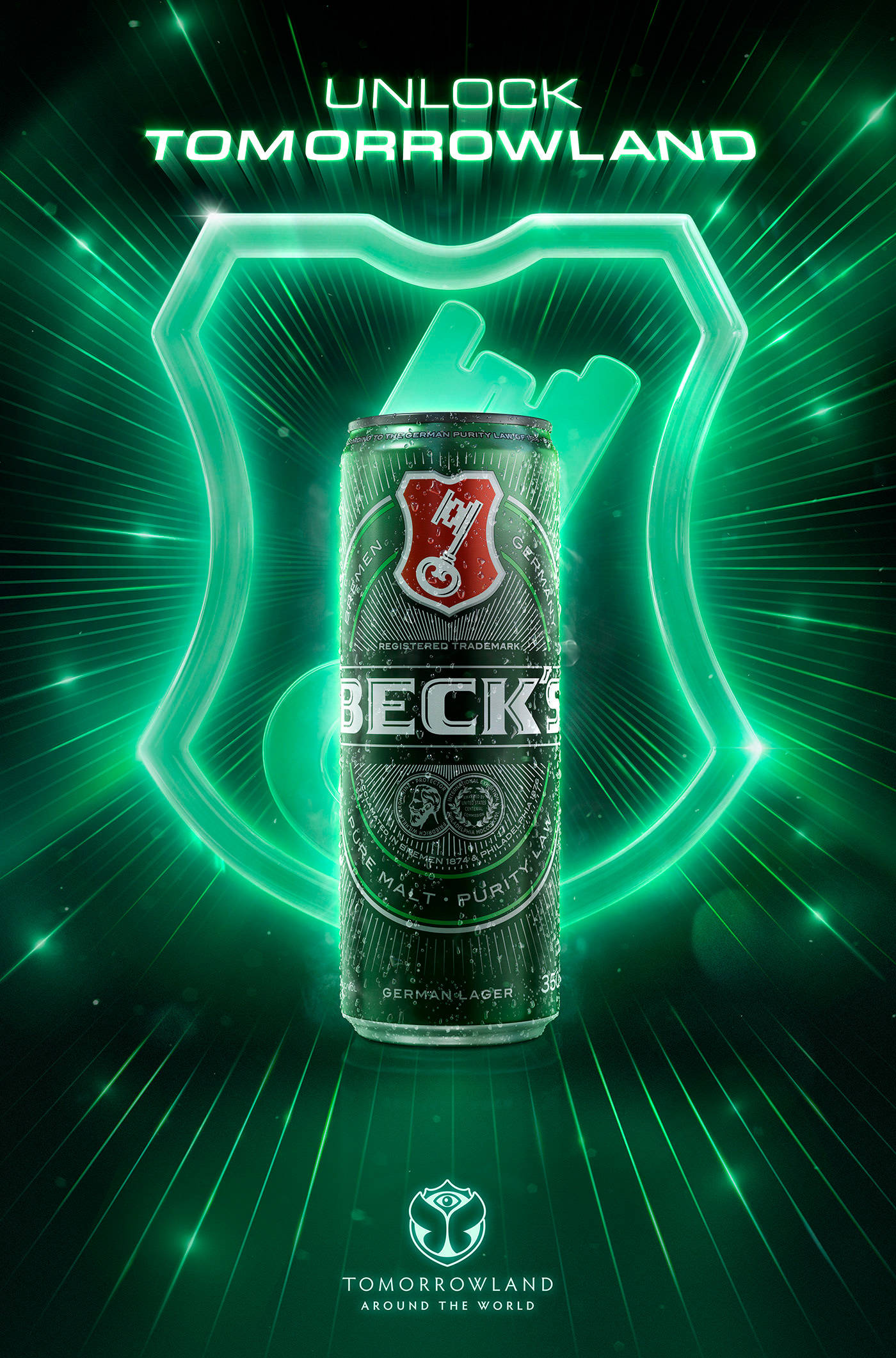 Beer 桌布 壁紙 — 在黑暗背景下的未來風格盾牌標誌中，一罐 Beck's 啤酒在霓虹綠色雷射光束下發光。