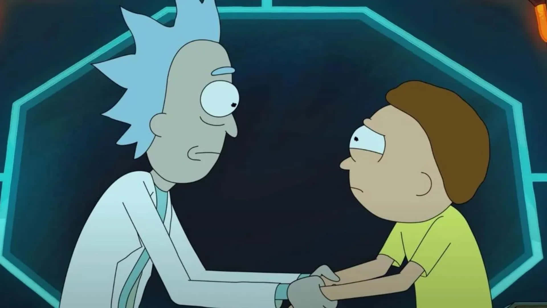 Rick And Morty 1920x1080 桌布 壁紙 — 在黑暗背景中，一個發光的藍色六角形房間裡，Rick和Morty正在握手。