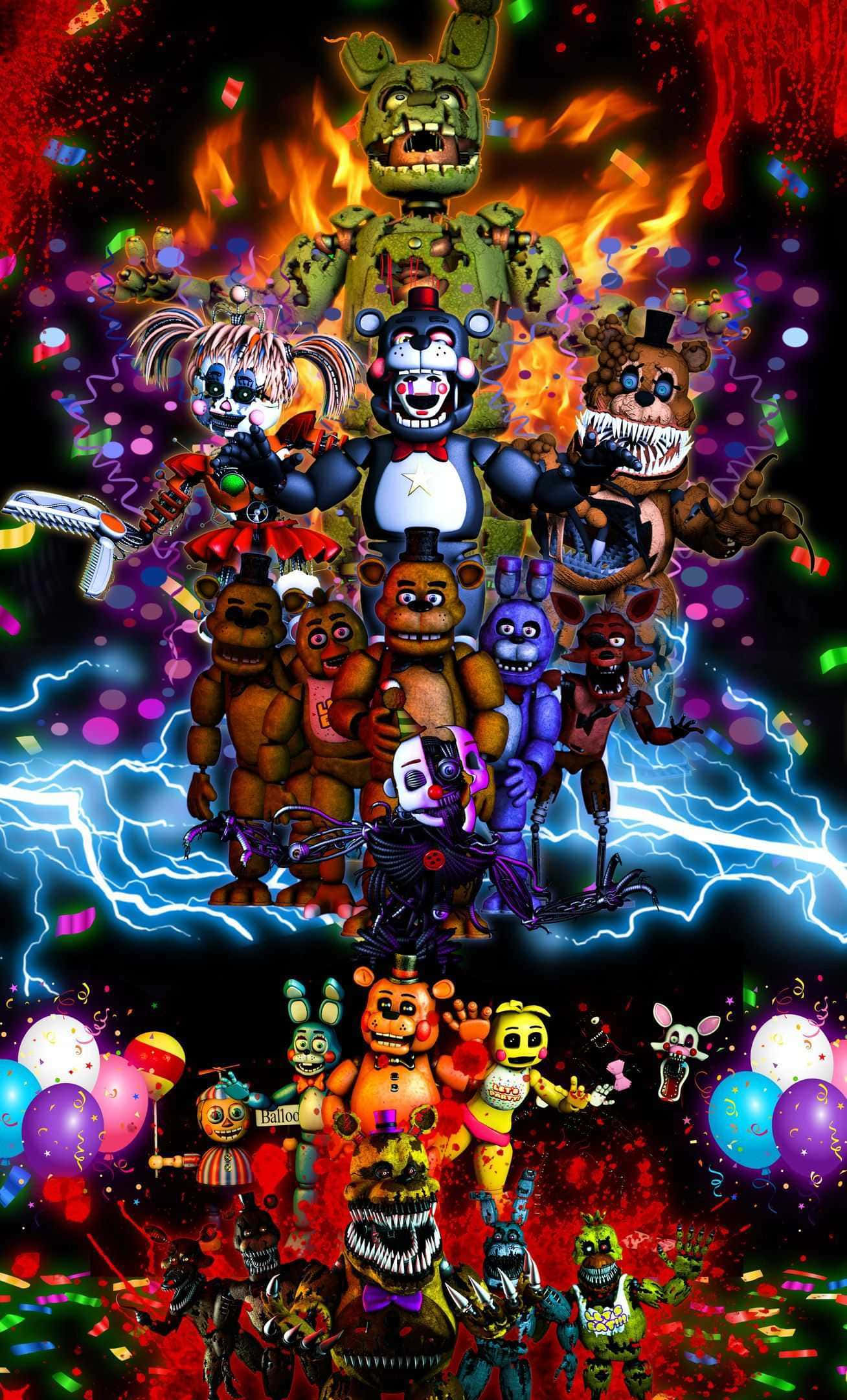 佛萊迪餐館之五夜驚魂 桌布 壁紙 — 在黑暗背景中，來自《Five Nights at Freddy's》的電子動畫角色被火焰、閃電和五彩紙屑包圍的混亂爆炸。