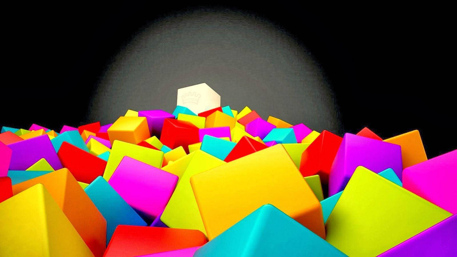 3D 桌布 壁紙 — 在黑暗背景的聚光燈下，一堆色彩繽紛的幾何形狀積木。