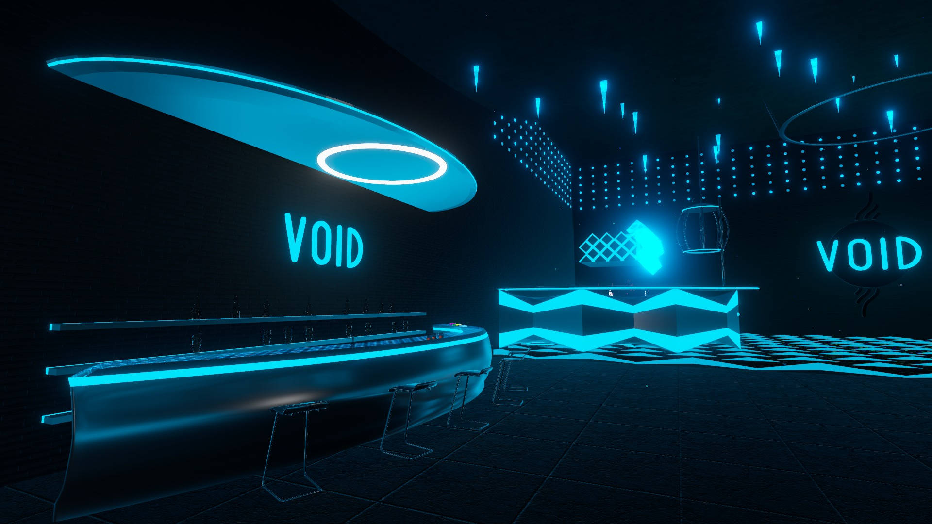 vrchat 桌布 壁紙 — 在黑暗虛無主題空間中，帶有發光藍色霓虹燈和幾何圖案的未來主義酒吧。