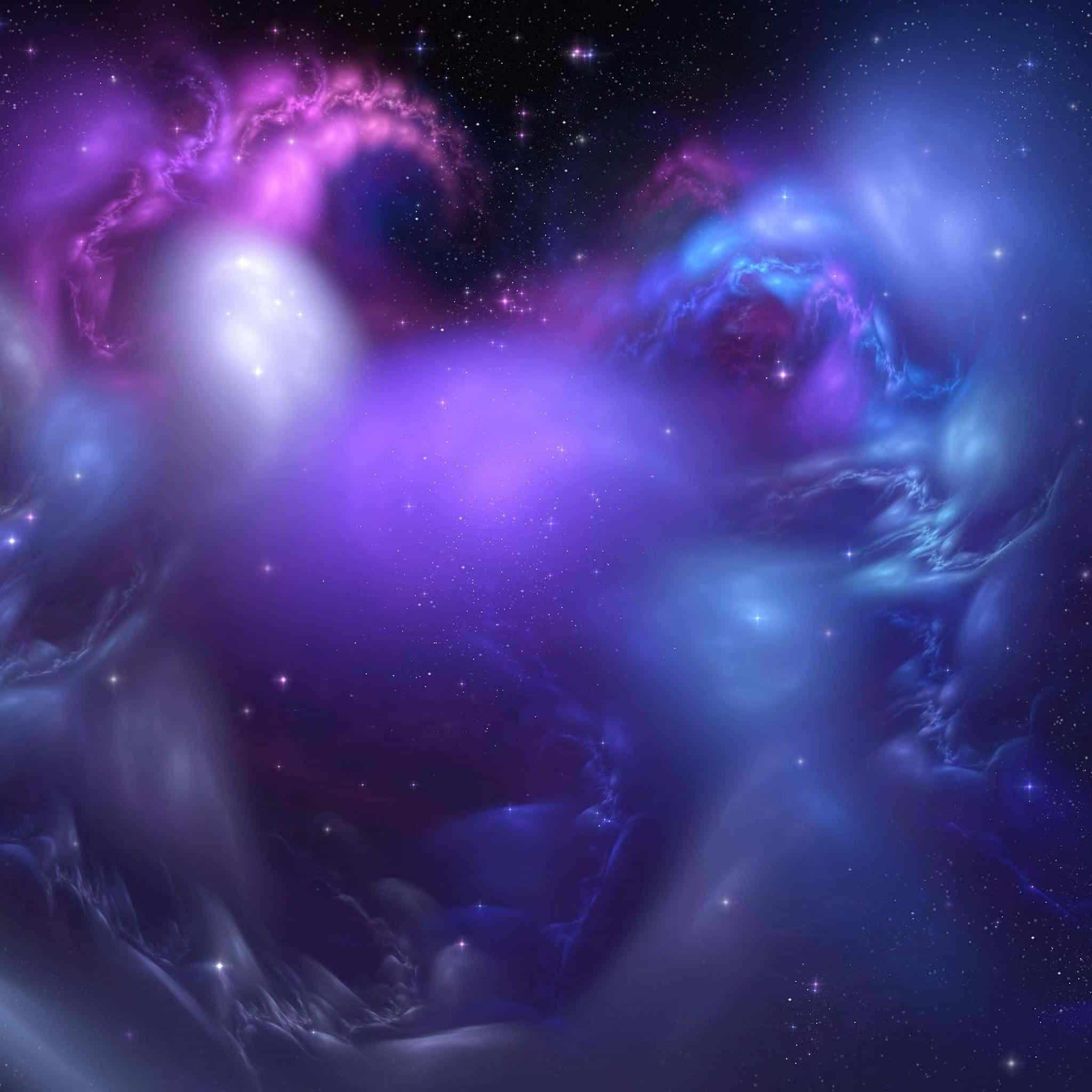 美學 iPad 壁紙 桌布 壁紙 — 在黑暗虛空下的星空中，充滿活力的宇宙星雲以電光紫和藍色旋轉。