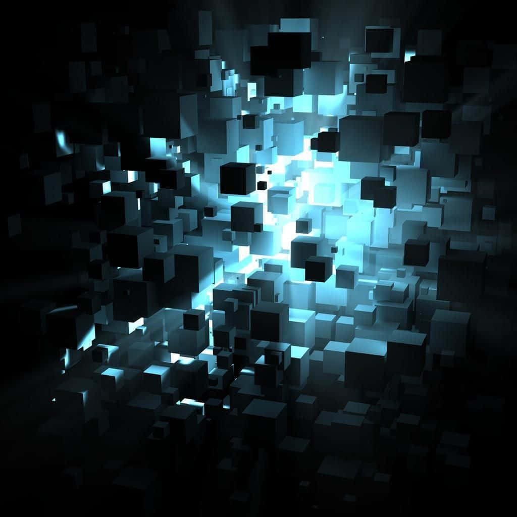 Geometric 桌布 壁紙 — 在黑暗虛空中，一團漂浮的立方體爆發出發光的藍光，產生數位爆炸效果。