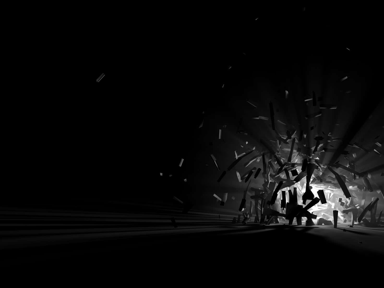 Dark Theme 桌布 壁紙 — 在黑暗虛空中，從明亮核心輻射出的碎片化碎片的單色數位爆炸。