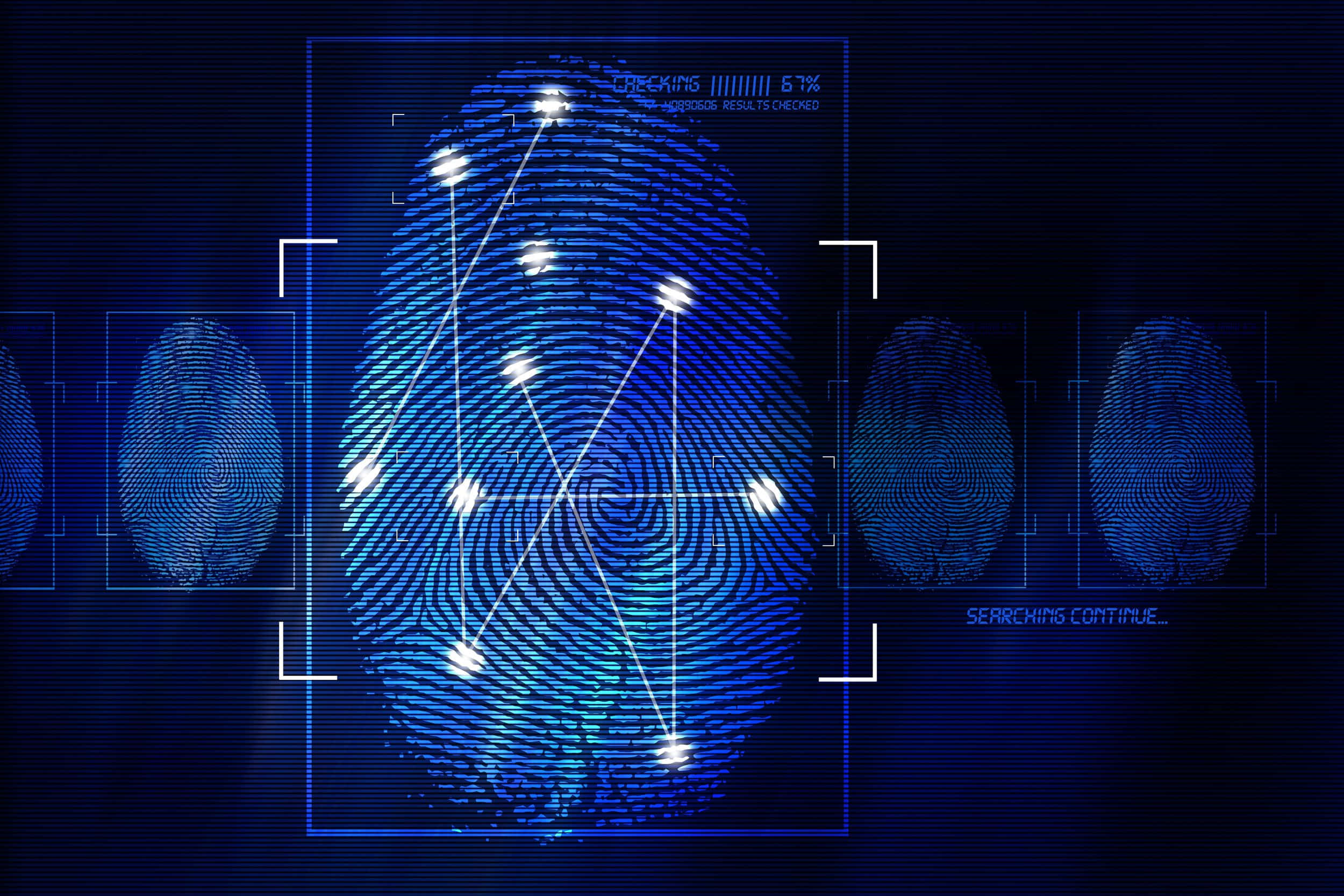 Fingerprint 桌布 壁紙 — 在黑暗螢幕上，由數位線條和進度指示器掃描的發光藍色指紋。