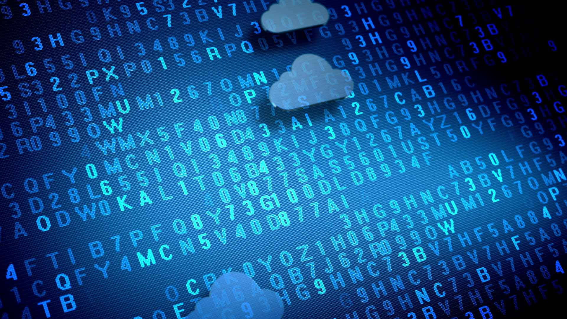 Internet 桌布 壁紙 — 在黑暗螢幕上，發光的藍色字母數字代碼與浮動雲圖示的數位雨。