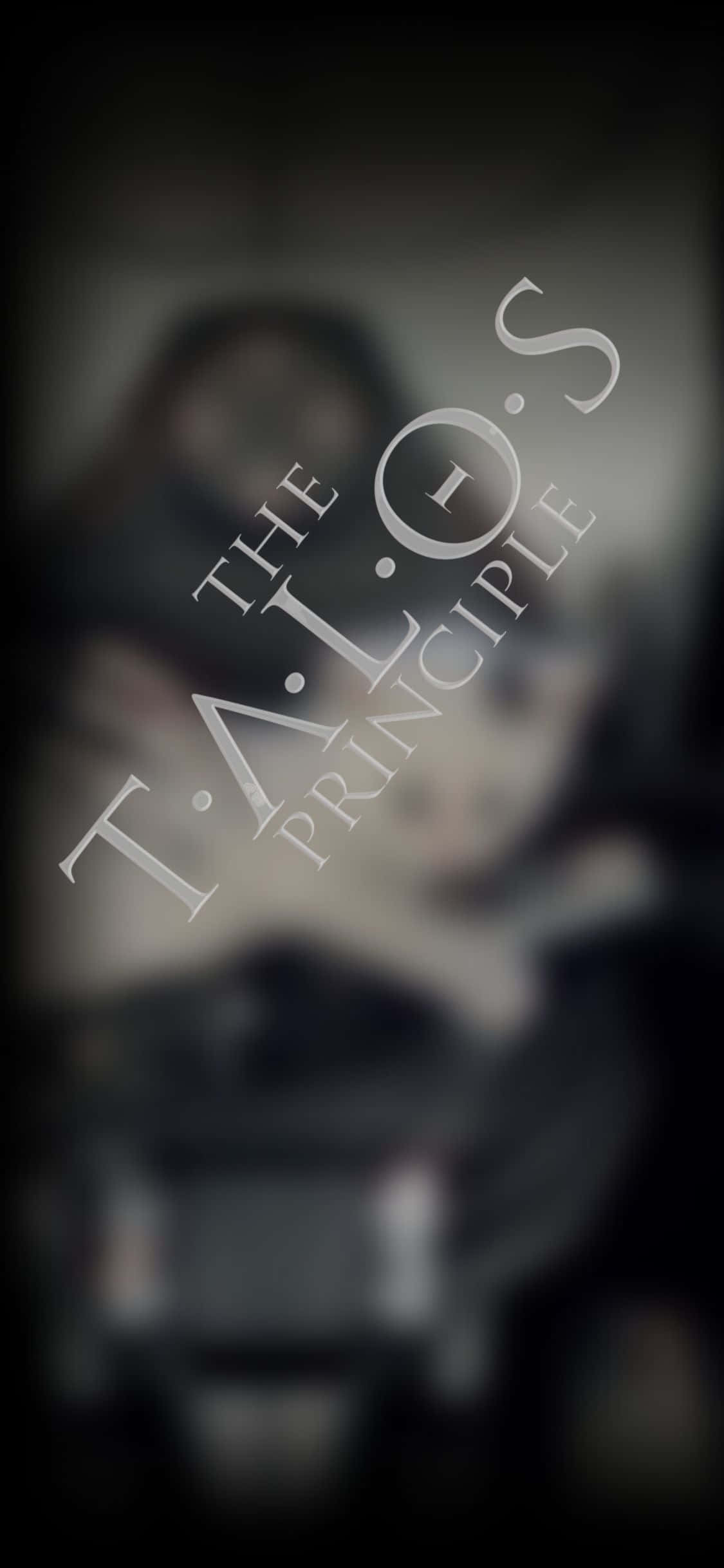 iPhone Xs The Talos Principle 桌布 壁紙 — 在黑暗陰鬱的場景中，模糊的動漫角色背後有發光的白色文字寫著「THE TALOS PRINCIPLE」。