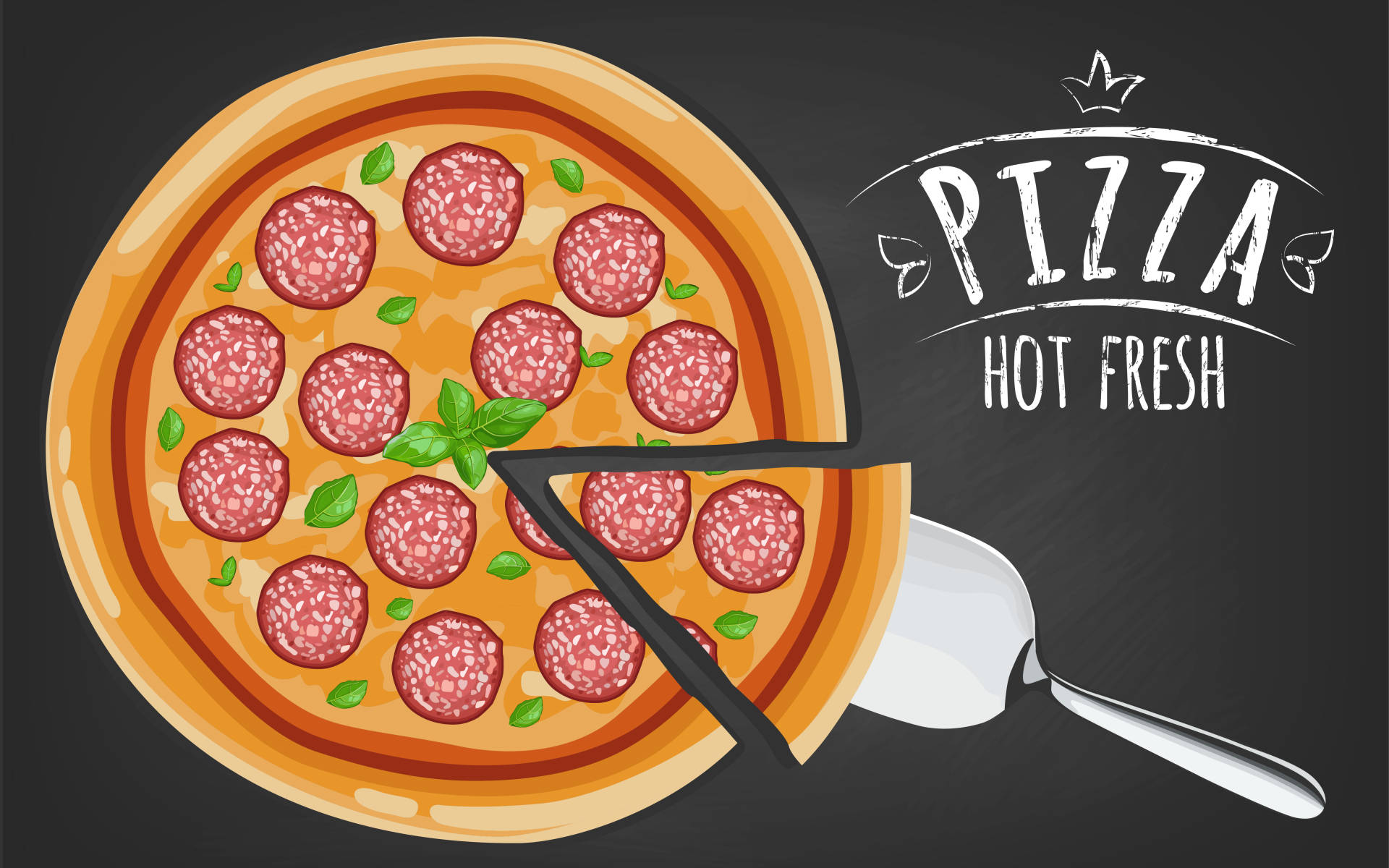Pizza 桌布 壁紙 — 在黑板上帶有「Pizza Hot Fresh」文字的充滿活力的卡通風格披薩，上面有義大利辣香腸和羅勒。