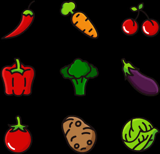 Fruits And Vegetables 桌布 壁紙 — 在黑背景上排列的充滿活力的卡通蔬菜，包括辣椒、胡蘿蔔、櫻桃椒、西蘭花、茄子、番茄、馬鈴薯和生菜。