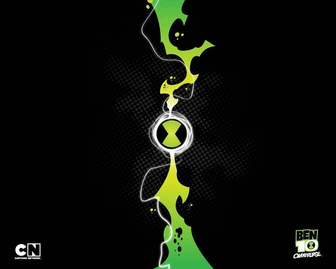 Ben 10 桌布 壁紙 — 在黑色半色調背景上，一個發光的 Omnitrix 符號中，一股充滿活力的綠色外星能量向上旋轉。