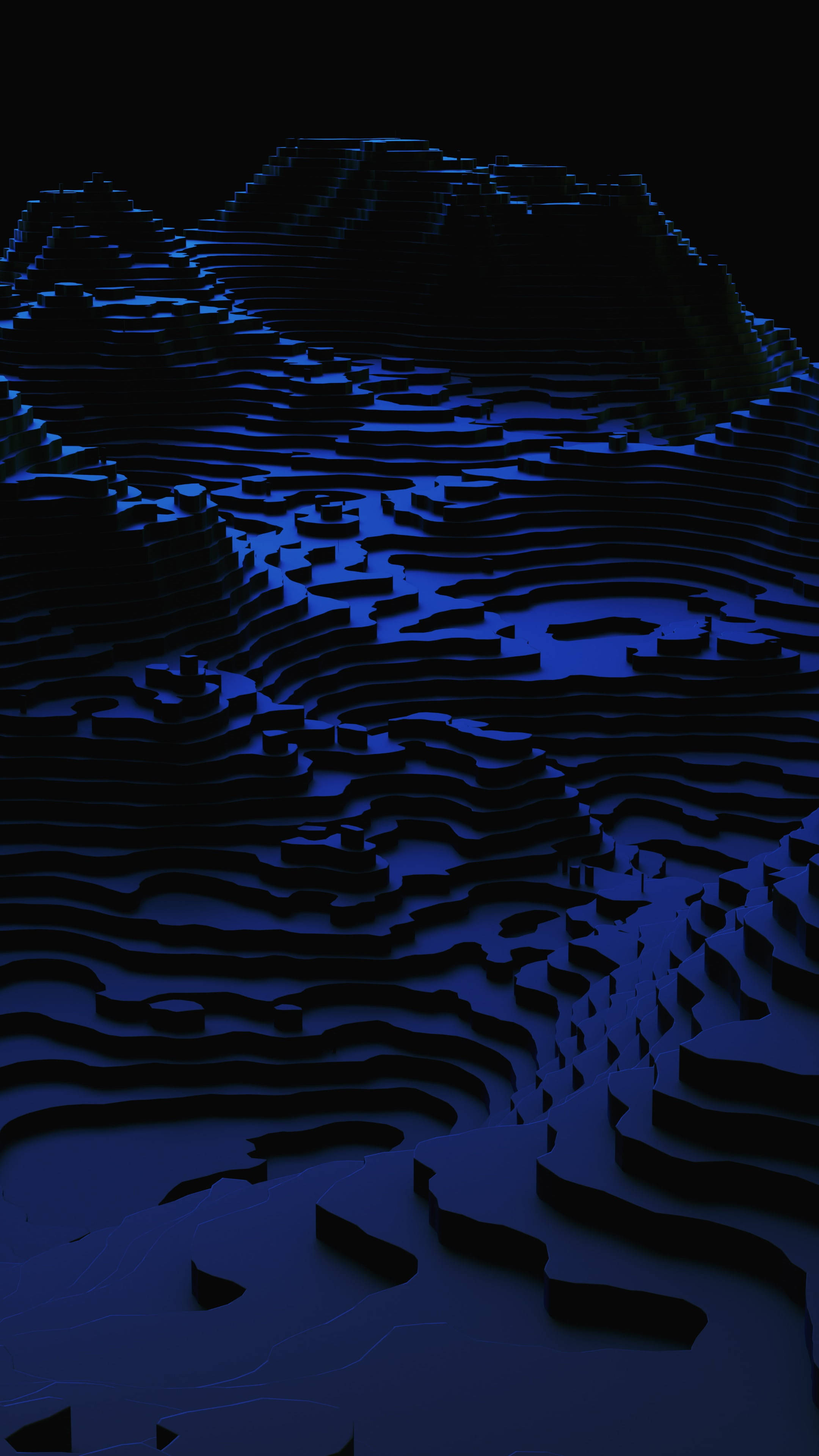 Topographic 桌布 壁紙 — 在黑色天空下，帶有層疊山脊和山谷的深藍色3D渲染山脈。