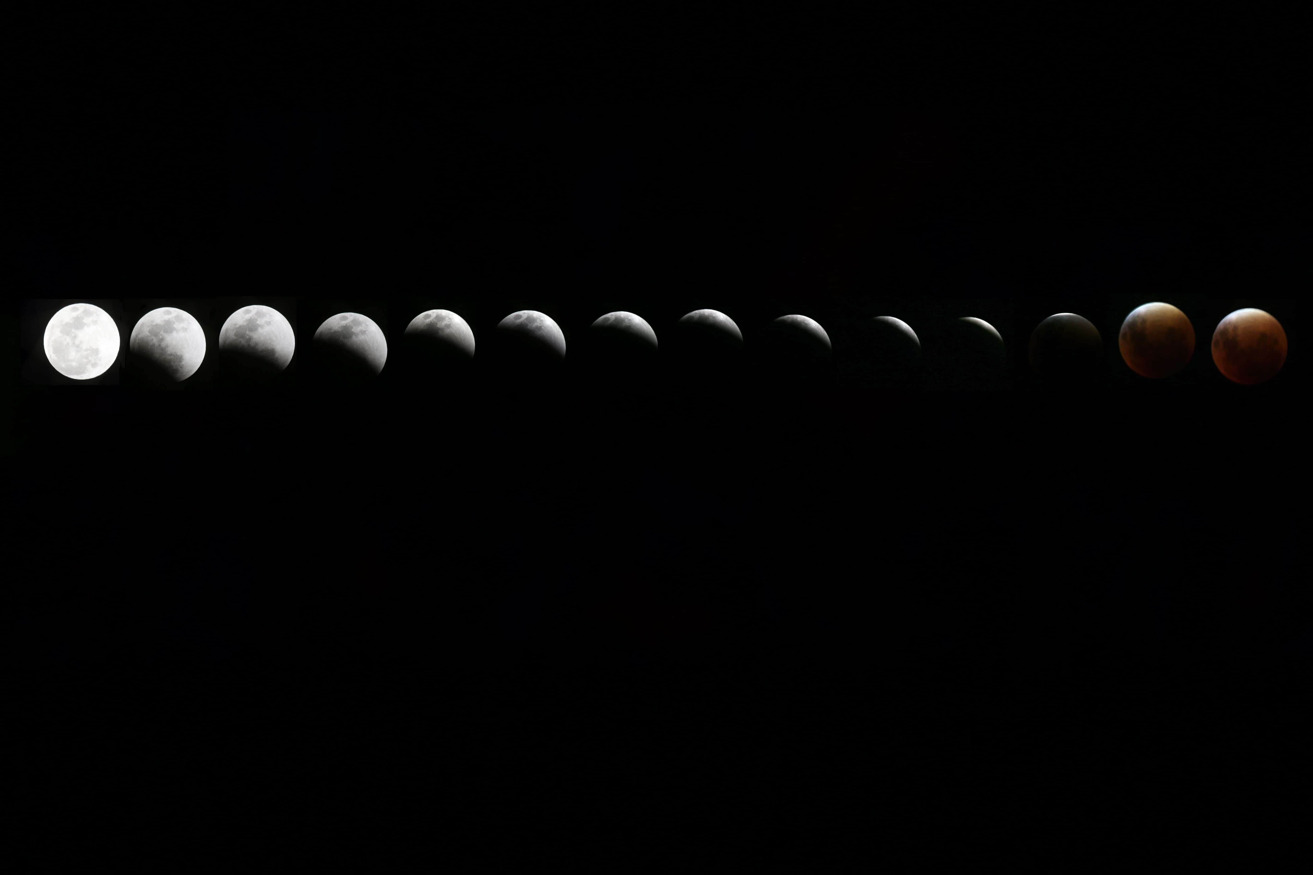 Moon Phases 桌布 壁紙 — 在黑色天空背景下，從滿月過渡到血月的月食期間的月相序列。