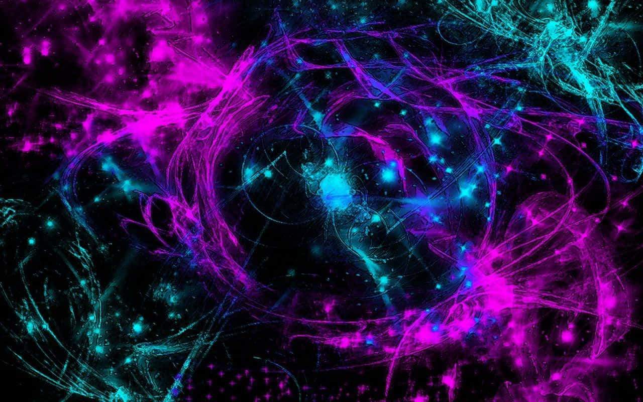 Beautiful Abstract 桌布 壁紙 — 在黑色宇宙背景下，充滿活力的霓虹紫和青色分形能量漩渦，帶有發光粒子。