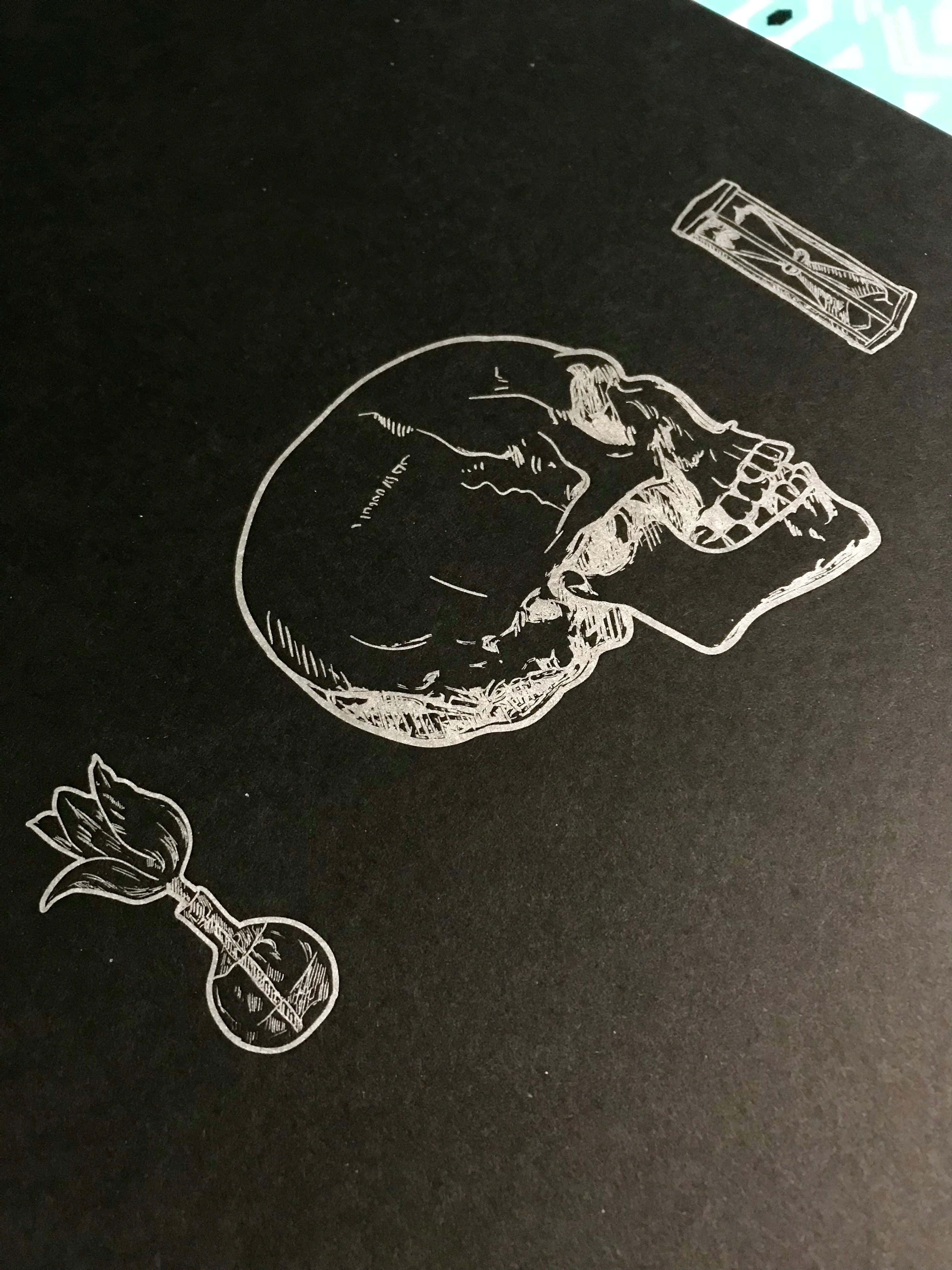 Memento Mori 桌布 壁紙 — 在黑色紋理表面上，一個骷髏頭、沙漏和燒瓶的清晰白色線條畫。