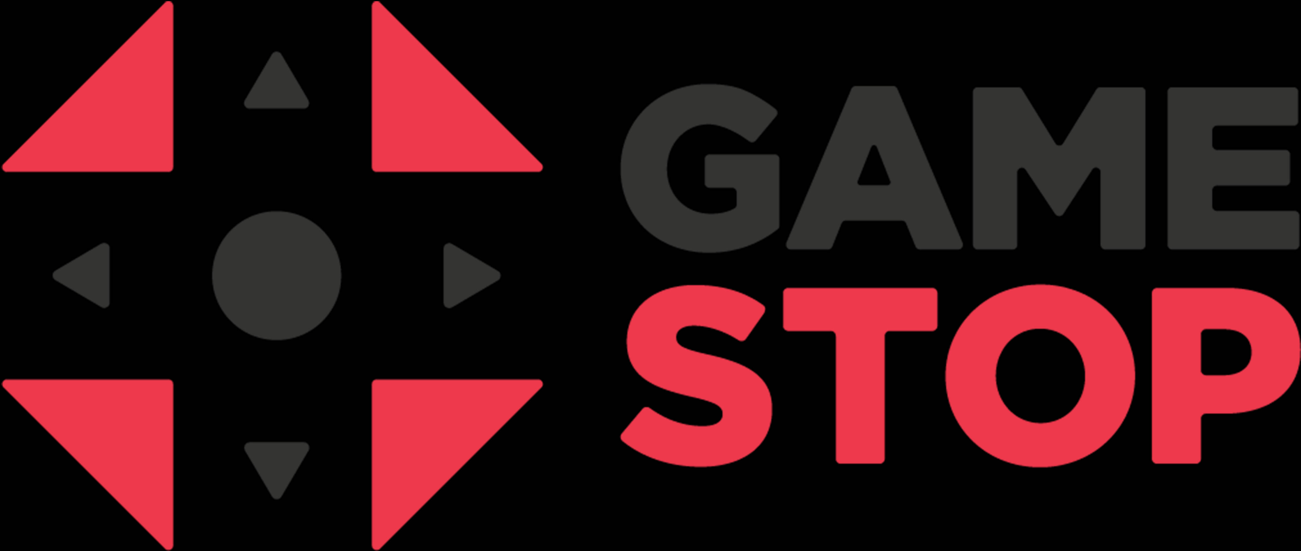 GameStop 桌布 壁紙 — 在黑色背景上，GAME STOP 字樣旁邊的醒目紅色和灰色遊戲控制器圖示。