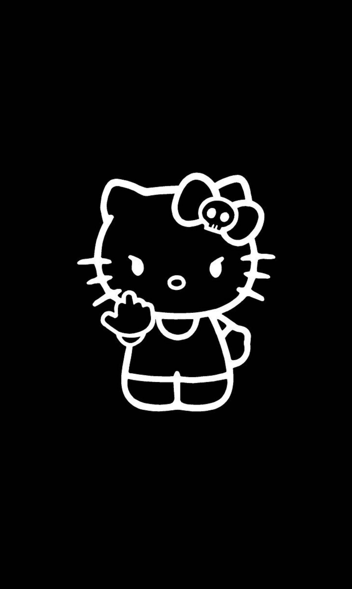 Kitty 桌布 壁紙 — 在黑色背景上，Hello Kitty 戴著骷髏頭蝴蝶結並比出中指的鮮明白色線條畫。