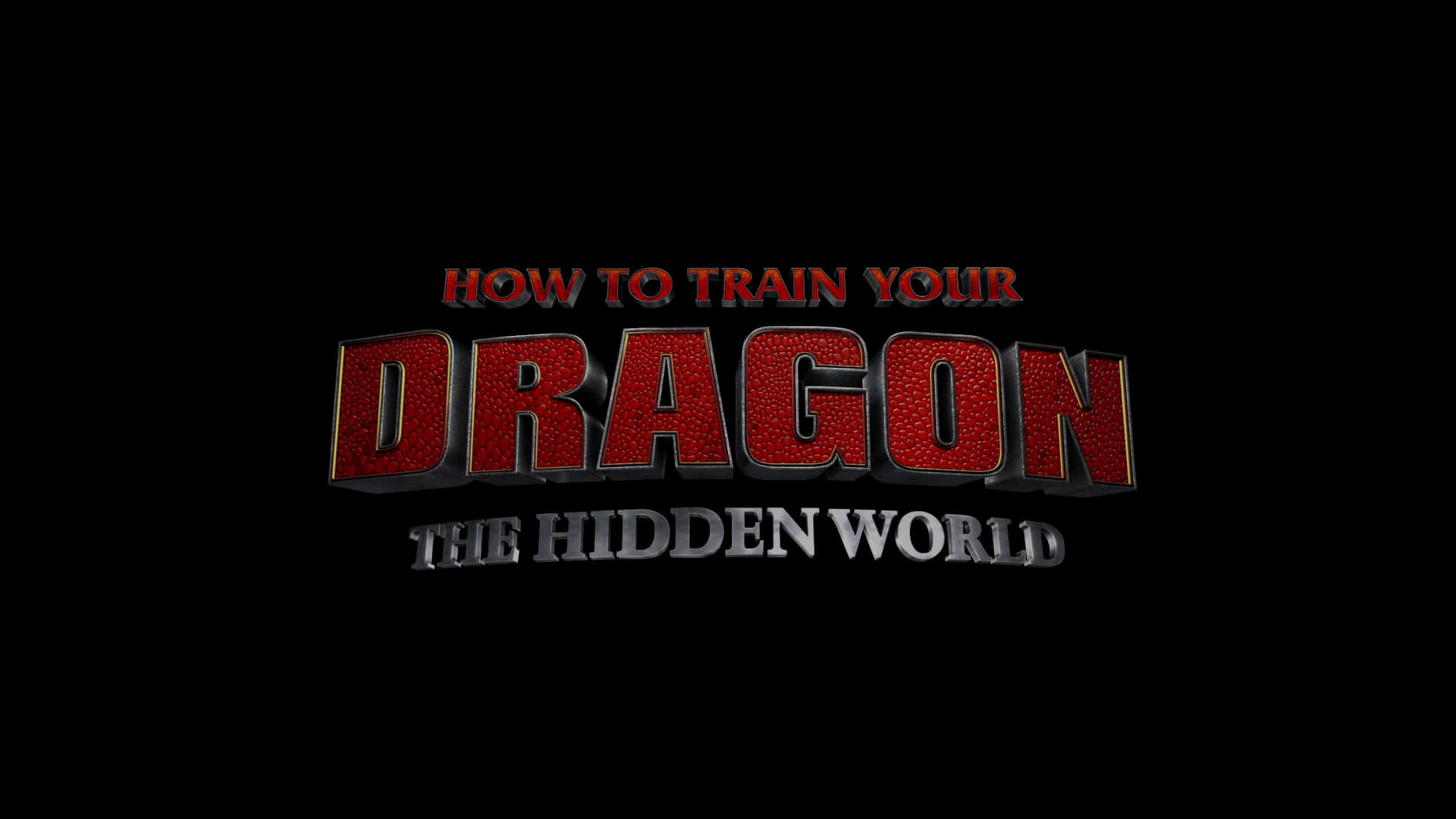 Animated 桌布 壁紙 — 在黑色背景上，How to Train Your Dragon The Hidden World 的粗體紅色紋理3D標題文字。