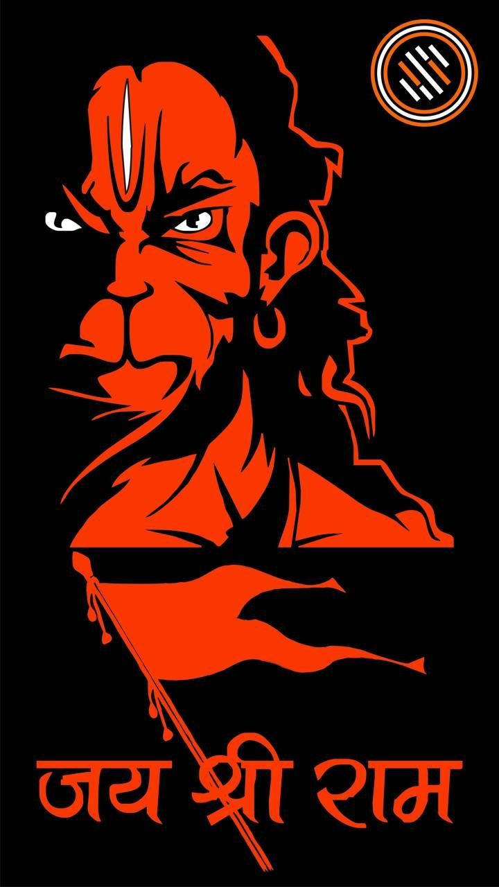 angry hanuman 桌布 壁紙 — 在黑色背景上，一位手持三叉戟的兇猛印度教神祇的鮮豔橙色插圖。