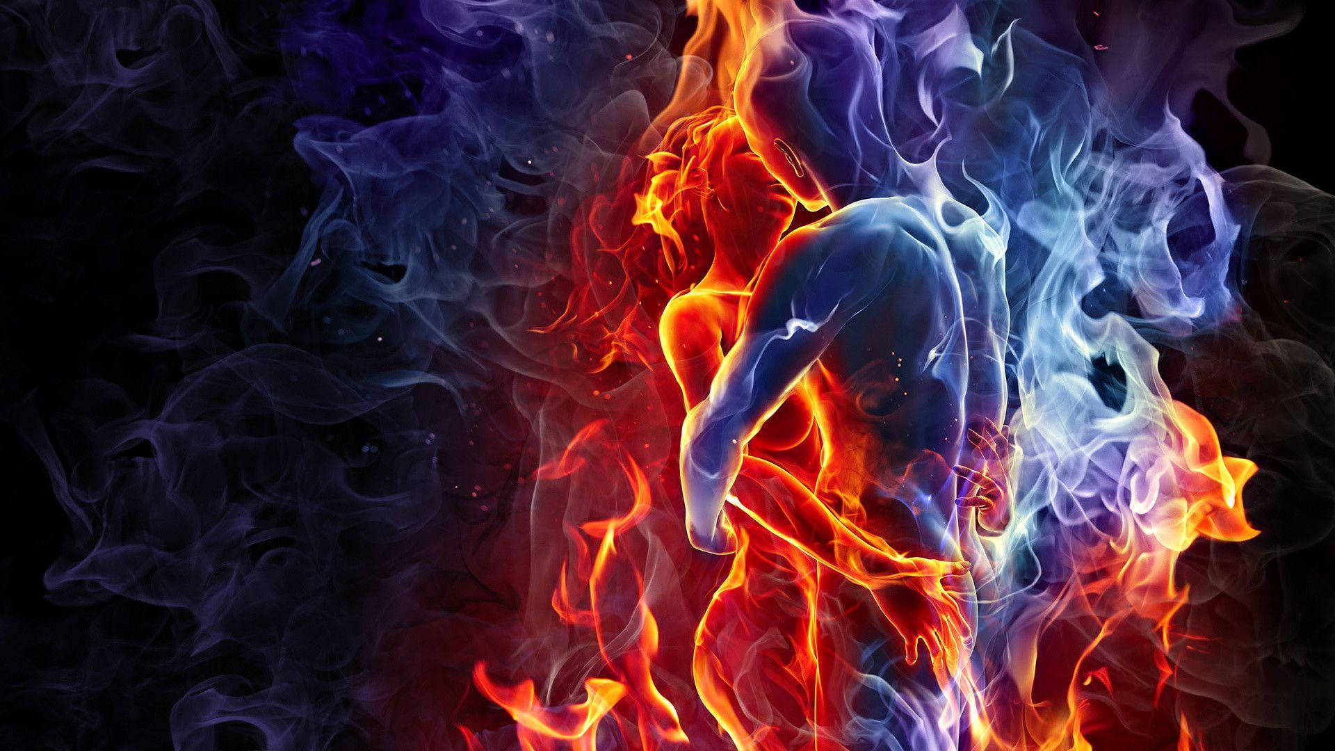 Flame 桌布 壁紙 — 在黑色背景上，一個人類剪影從旋轉的火焰和煙霧中浮現，呈現鮮豔的紅色、藍色和紫色。