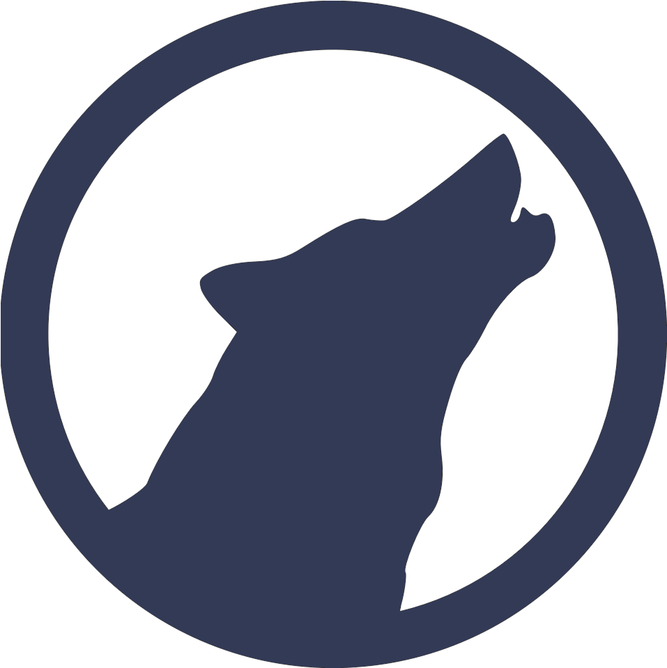 Wolf Free 桌布 壁紙 — 在黑色背景上，一個匹配的圓形框架內，一個極簡的藍色狼剪影向上嚎叫。
