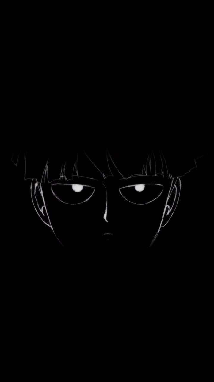 動漫 桌布 壁紙 — 在黑色背景上，一個男性動漫角色的臉部以銳利的白線繪製，眼睛發光。