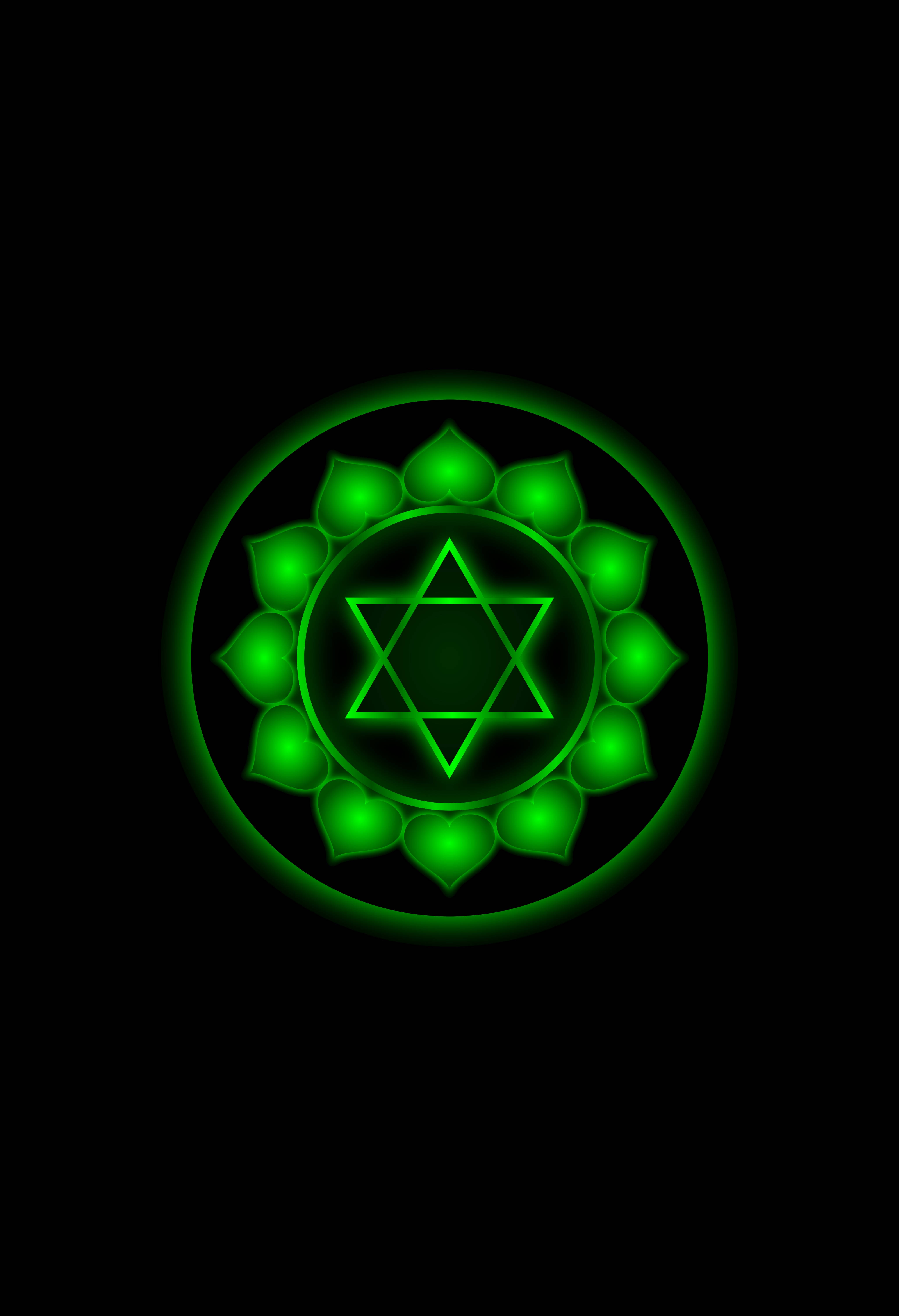 chakra 桌布 壁紙 — 在黑色背景上，一個發光的綠色大衛之星被蓮花瓣包圍在圓圈內。