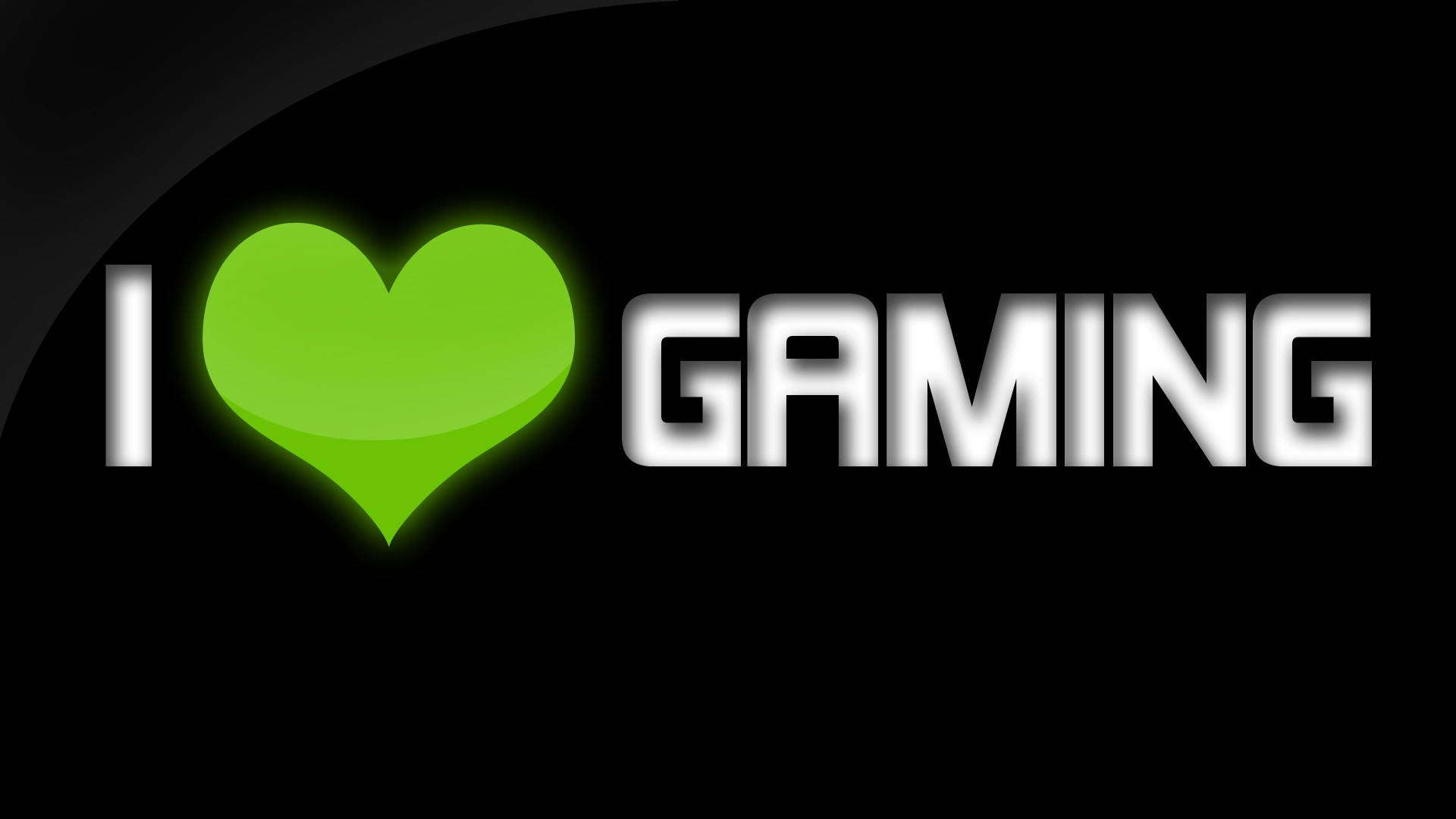 遊戲 桌布 壁紙 — 在黑色背景上，一個發光的綠色心形符號取代了「I love gaming」短語中的「love」一詞。