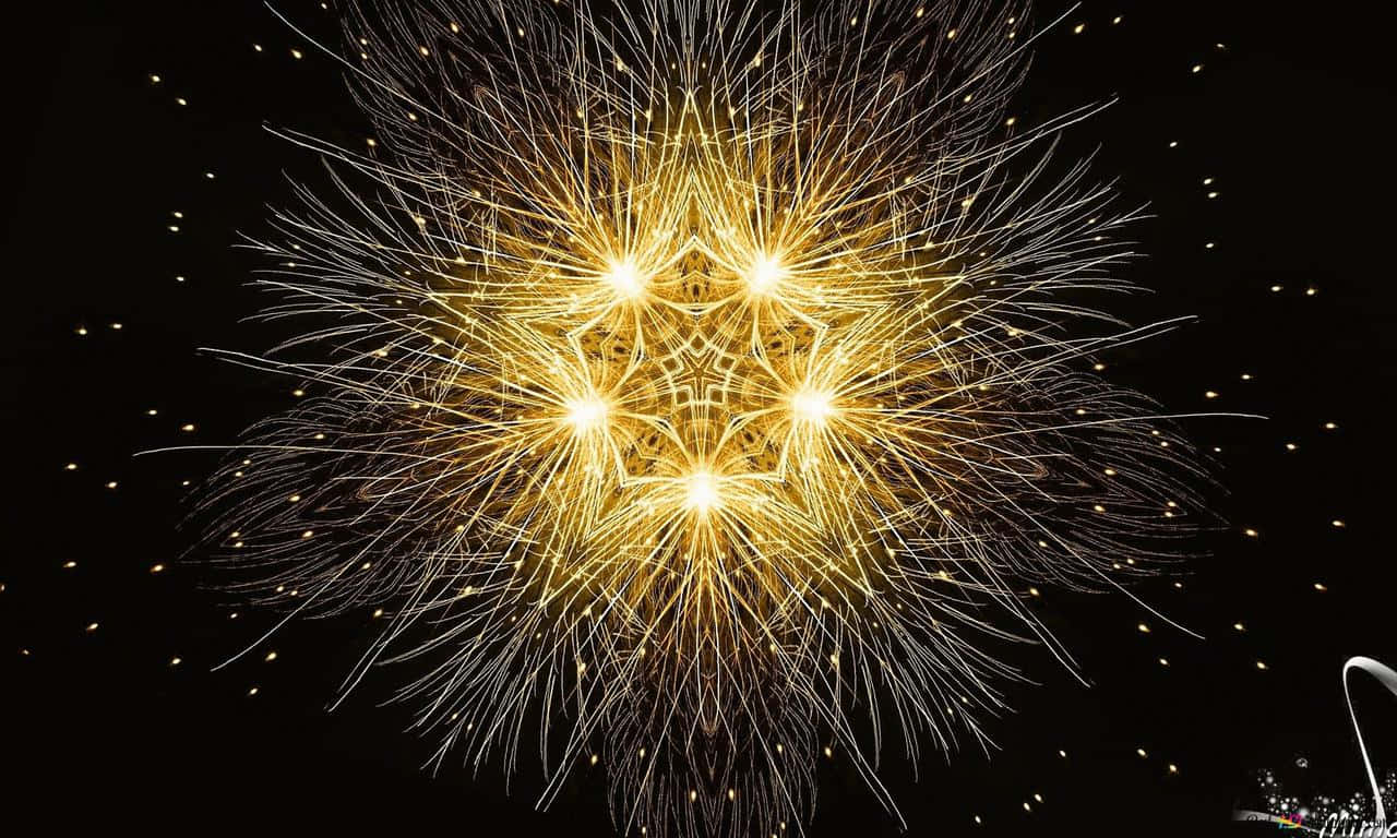 Gold Stars 桌布 壁紙 — 在黑色背景上，一個發光的金色碎形爆炸，帶有對稱的星爆圖案。