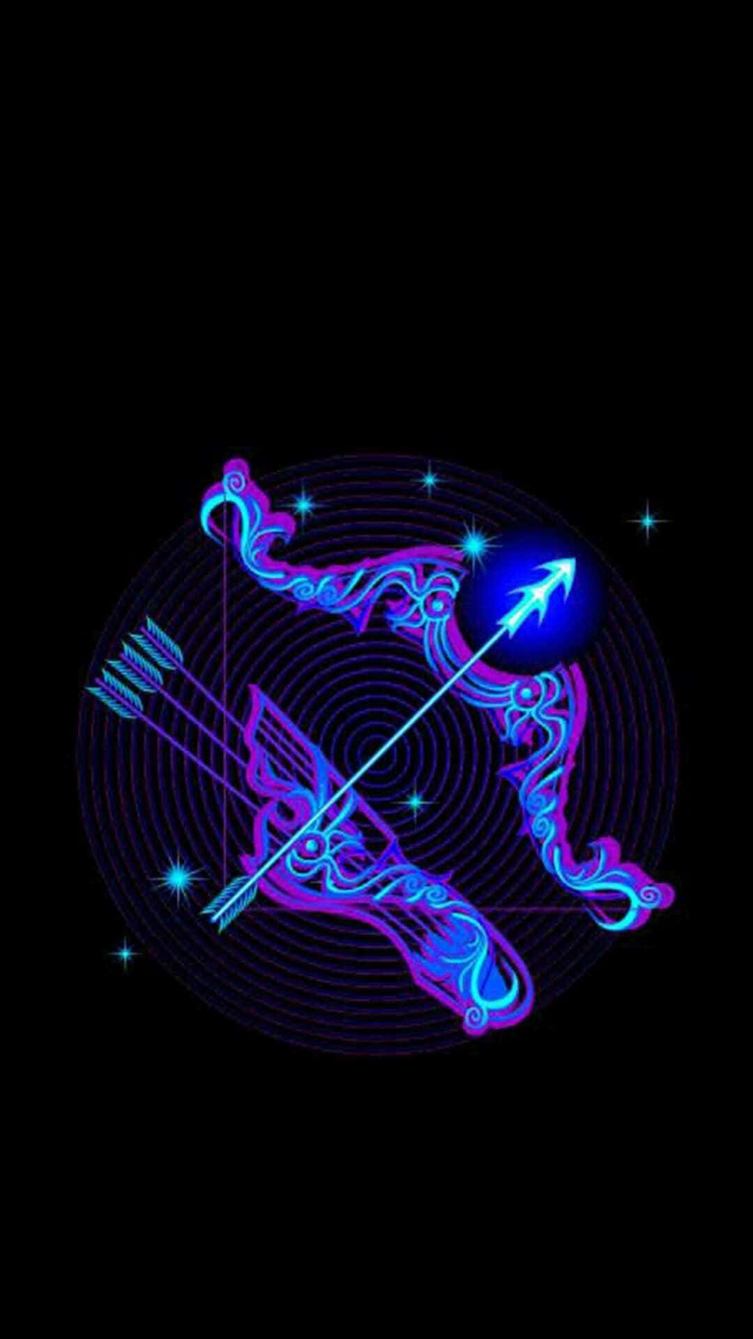 sagittarius 桌布 壁紙 — 在黑色背景上，一個發光的霓虹藍色和紫色射手座星座，帶有箭頭和星星。