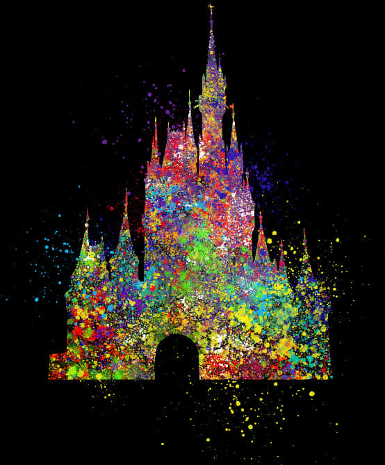 Disney Castle Silhouette 桌布 壁紙 — 在黑色背景上，一座城堡的鮮豔潑漆剪影，帶有彩色斑點。