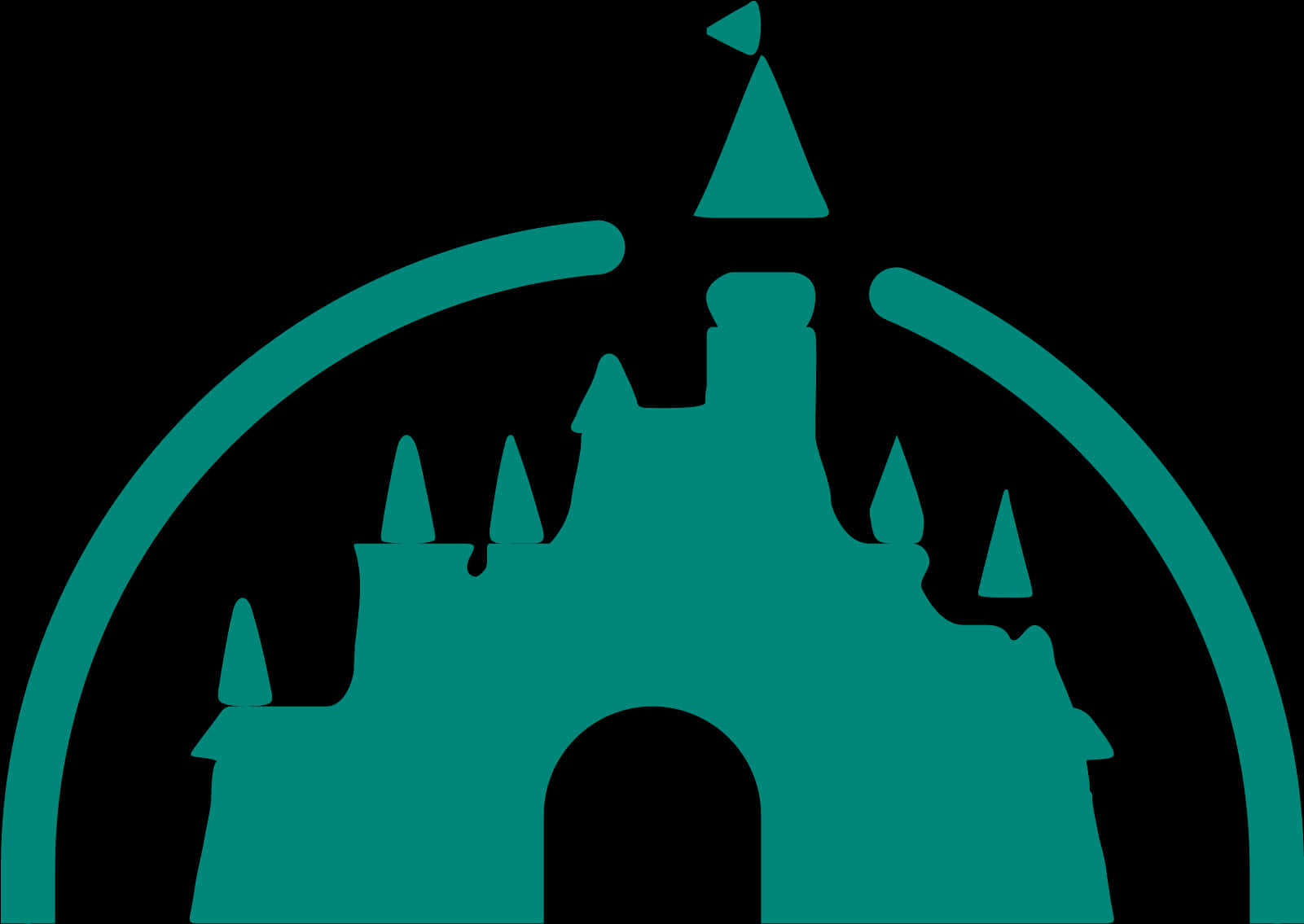 Disney Castle 桌布 壁紙 — 在黑色背景上，一座帶有塔樓和旗幟的城堡的藍綠色剪影，位於拱門下。