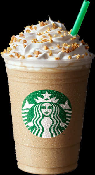 Starbucks Coffee 桌布 壁紙 — 在黑色背景上，一杯冰涼的星巴克冰咖啡，上面放有鮮奶油和餅乾碎。