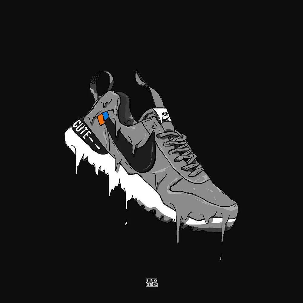 Black Drippy 桌布 壁紙 — 在黑色背景上，一隻帶有 'CUTE--' 文字和 Nike 標誌的灰色運動鞋正在融化滴落，形成風格化的數位插圖。