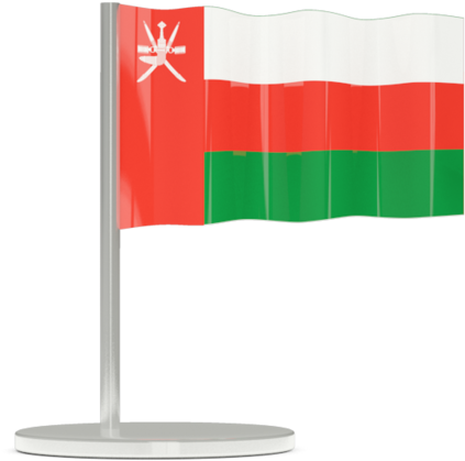 Flag 桌布 壁紙 — 在黑色背景上，一面光滑的銀色旗桿上飄揚的阿曼國旗的數位渲染。