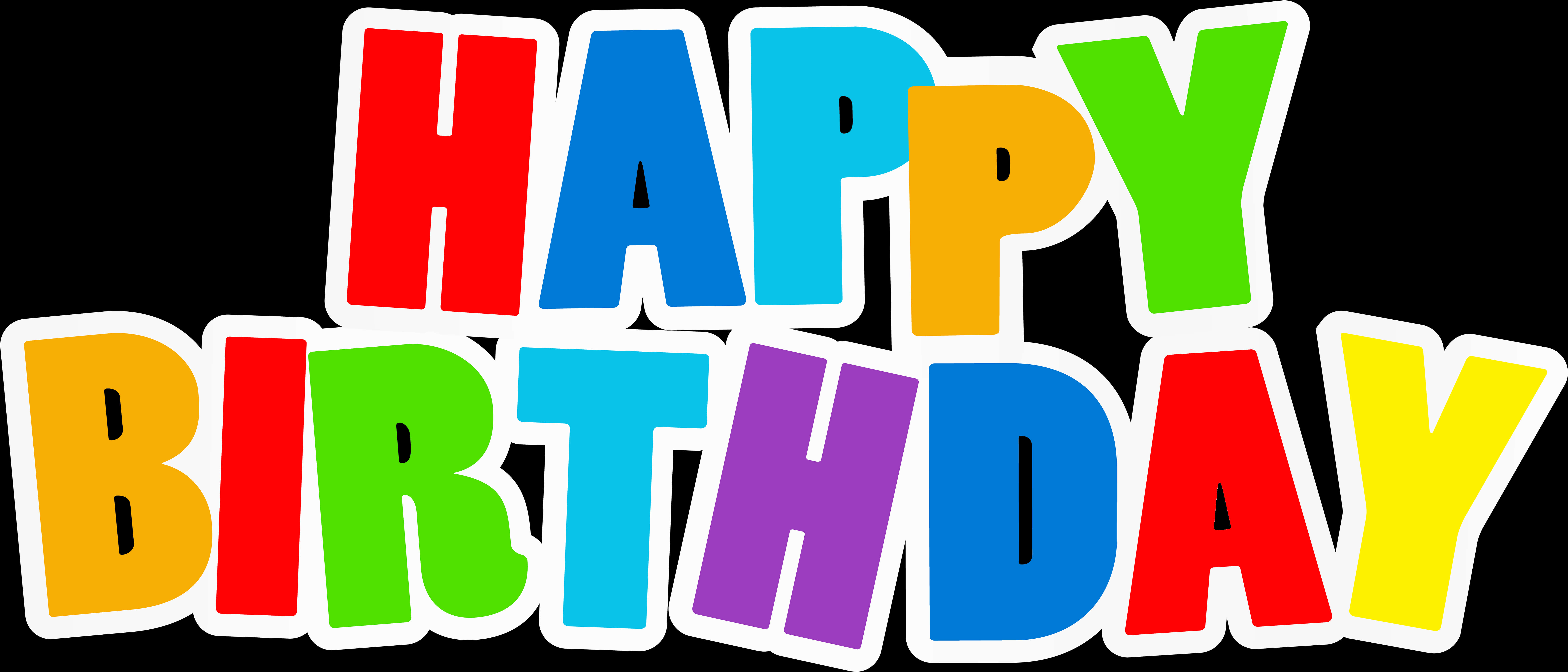 Happy Birthday Text 桌布 壁紙 — 在黑色背景上，以彩虹色調搭配白色輪廓的粗體多彩「HAPPY BIRTHDAY」文字。