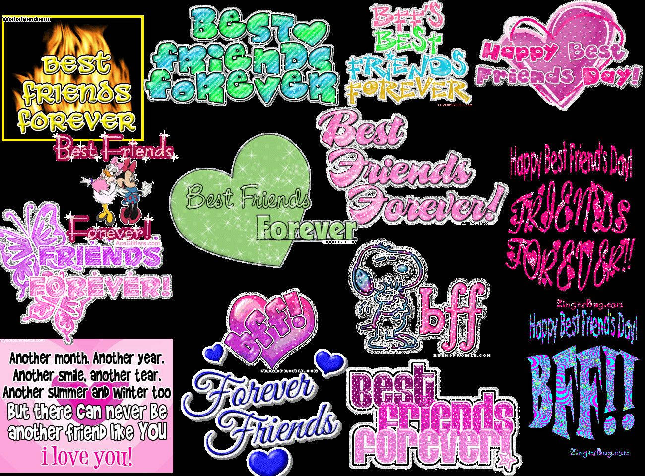 Best Friend Quotes 桌布 壁紙 — 在黑色背景上，以心形和卡通人物慶祝永遠最好的朋友的閃亮文字設計。