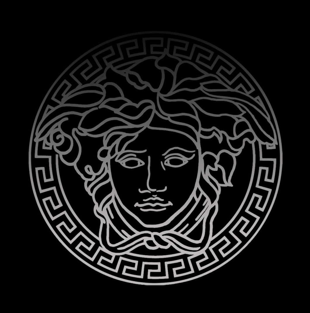 Luxury 桌布 壁紙 — 在黑色背景上，以白色線條清晰描繪梅杜莎的頭部，帶有飄逸的頭髮和希臘鑰匙邊框。