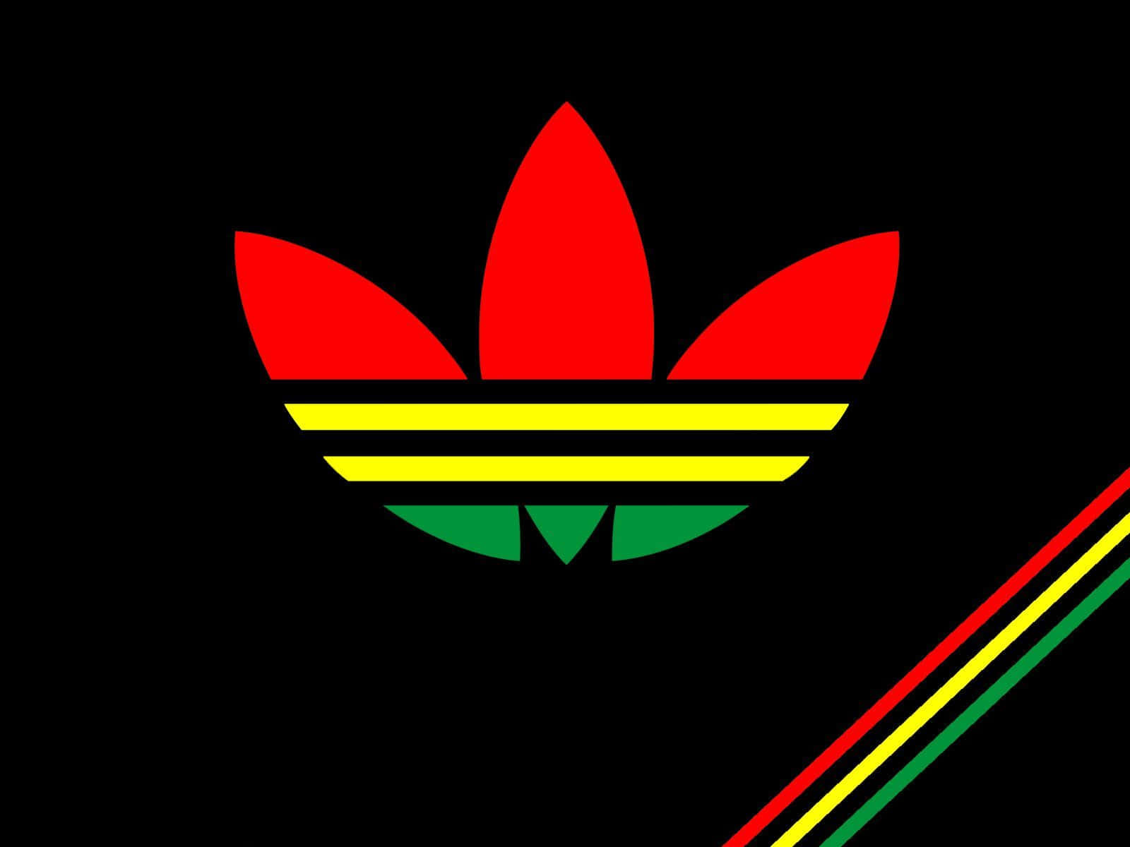 Reggae 桌布 壁紙 — 在黑色背景上，以相同顏色的對角線條呈現大膽的紅、黃、綠三色adidas三葉草標誌。