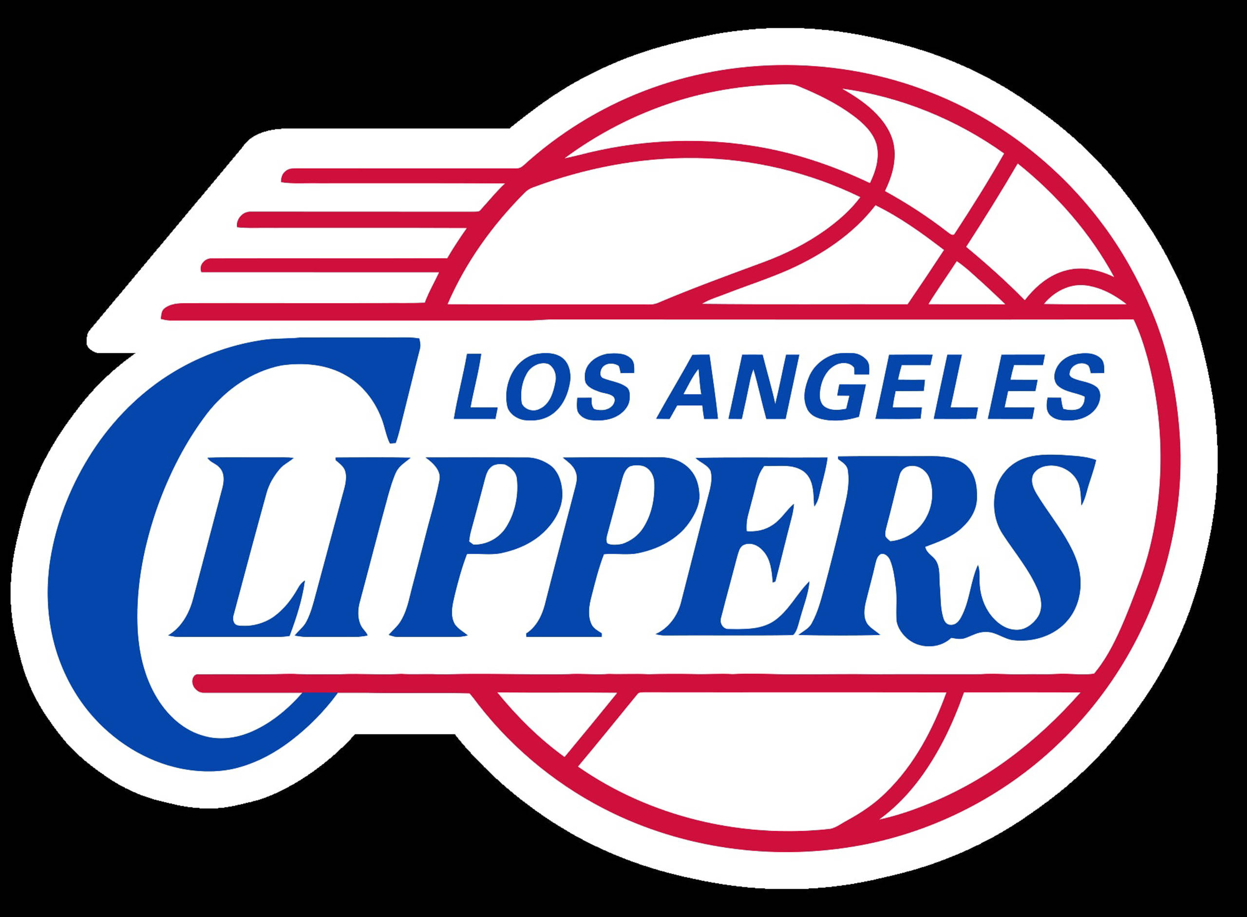 Clippers 桌布 壁紙 — 在黑色背景上，以籃球輪廓和風格化字體呈現大膽的紅、藍、白色洛杉磯快艇隊標誌。