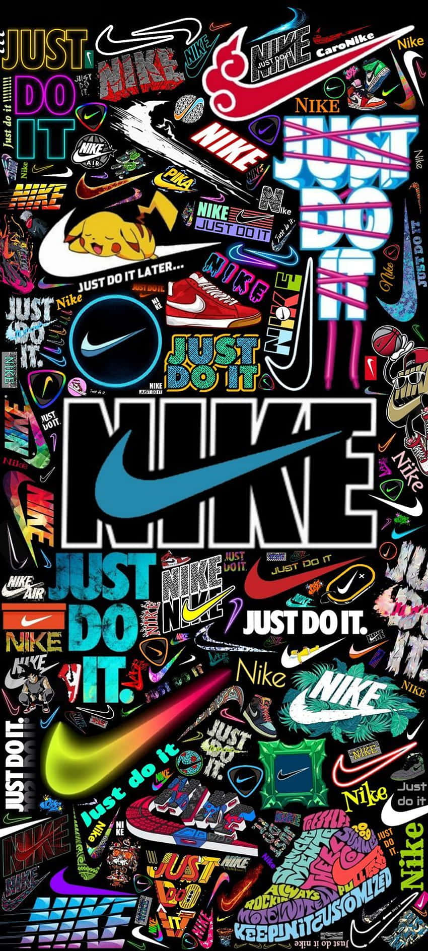 桌布 壁紙 — 在黑色背景上，以霓虹色彩呈現Nike標誌、口號和運動鞋設計的充滿活力的混亂拼貼畫。