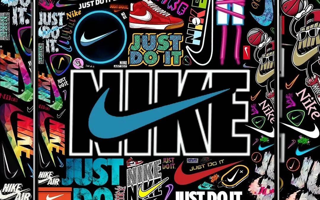 Nike 桌布 壁紙 — 在黑色背景上，以鮮豔的霓虹色彩呈現Nike標誌、運動鞋和「Just Do It」標語的充滿活力的拼貼畫。