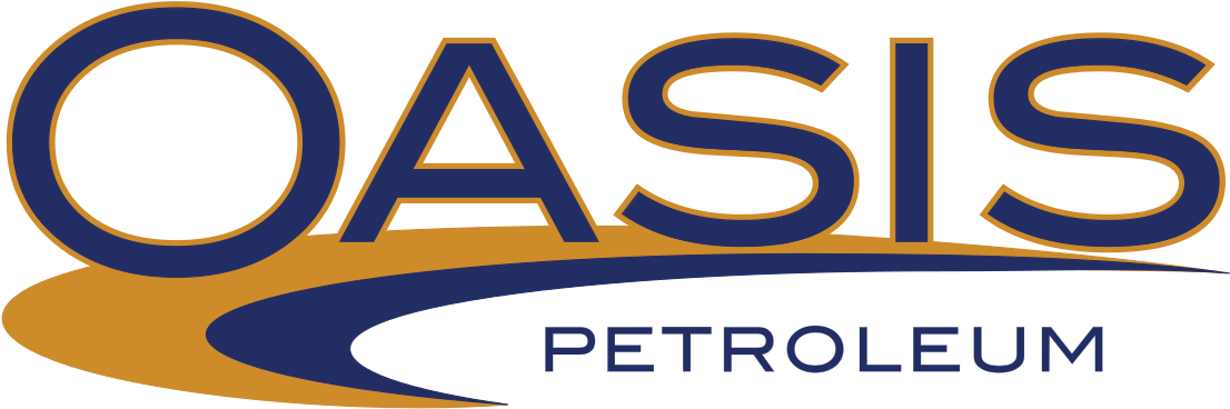 綠洲 桌布 壁紙 — 在黑色背景上，大膽的藍色和金色 'OASIS PETROLEUM' 標誌，帶有流暢的曲線。